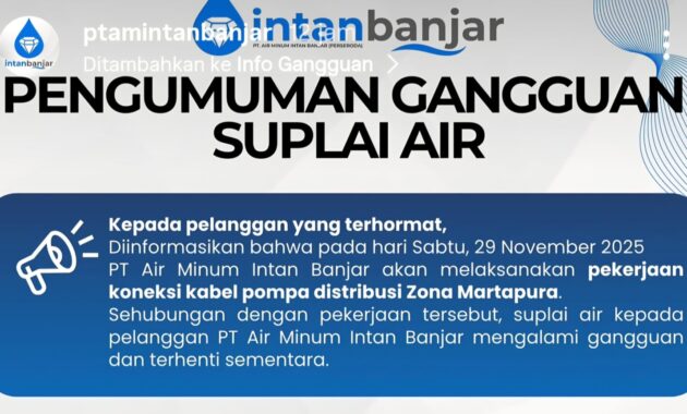 PTAM INTAN BANJAR LAKUKAN KONEKSI KABEL POMPA, SUPLAI AIR TERGANGGU SABTU SIANG